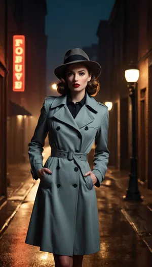 Beautiful female private detective in a 1940s film noir setting. Tall and elegant with a slim, strong build, pale flawless skin, bold red lipstick, piercing eyes filled with suspicion. Wearing a tailored trench coat and fedora hat, short pencil skirt, and stockings. Standing under a flickering streetlamp in a rain-soaked alley, neon sign glowing faintly in the distance. Shadowy figures hinted in the background. Ultra-realistic retro noir art, highly detailed, cinematic chiaroscuro lighting, moody and mysterious atmosphere.