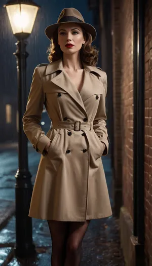 Beautiful female private detective in a 1940s film noir setting. Tall and elegant with a slim, strong build, pale flawless skin, bold red lipstick, piercing eyes filled with suspicion, large bimbo breasts. Wearing a tailored trench coat and fedora hat, short pencil skirt, and stockings. Standing under a flickering streetlamp in a rain-soaked alley, neon sign glowing faintly in the distance. Shadowy figures hinted in the background. Ultra-realistic retro noir art, highly detailed, cinematic chiaroscuro lighting, moody and mysterious atmosphere.