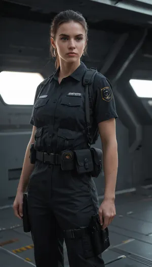 Beautiful female starship captain in a gritty realistic sci-fi universe inspired by The Expanse. Strong and athletic build, determined expression, sharp eyes showing leadership under pressure. Wearing practical belter/UNN/MCRN-inspired starship uniform, dark tactical jumpsuit with utility harness, subtle patches and insignia, sidearm holstered. Tied-back hair, no-nonsense style. Standing on the bridge of a starship, narrow corridors, glowing control panels, exposed piping, zero-g straps and railings. Background of outer space through reinforced windows, stars and distant asteroids. Ultra-realistic hard sci-fi art, highly detailed, cinematic dramatic lighting, tense and commanding atmosphere.