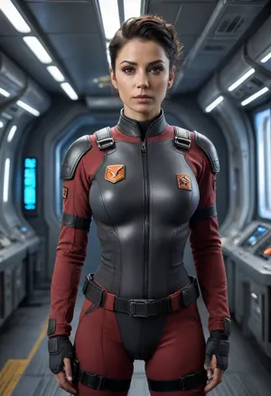 Beautiful female starship captain in a gritty realistic sci-fi universe inspired by The Expanse. Strong and athletic build, determined expression, sharp eyes showing leadership under pressure, large bimbo breasts. Wearing practical belter/UNN/MCRN-inspired starship uniform, dark tactical jumpsuit with utility harness, subtle patches and insignia, sidearm holstered. Tied-back hair, no-nonsense style. Standing on the bridge of a starship, narrow corridors, glowing control panels, exposed piping, zero-g straps and railings. Background of outer space through reinforced windows, stars and distant asteroids. Ultra-realistic hard sci-fi art, highly detailed, cinematic dramatic lighting, tense and commanding atmosphere.