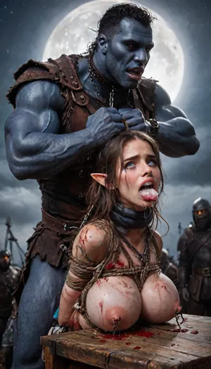 female drow elf barbarian, (dark night blue skin:1.98), tall, angry, busty, curvy, thin waist, big boobs, big butt, slim, fit, vitiligo, strong, fur pelt armor, dungeons and dragons, purplish blue skin, black and purple hair, Dark, Elf, Warrior, Drow, tattooed, scarred, purple eyes, blue skin, amazon, giant, fur barbarian armor, bloody, blood spatter, bear, bear heart, (in a bloody filed after a battle, white full moon in the sky:1.4), (man is choking her from behind:1.4), ((hogtied, bound with large chains, tied to a torture table:1.3)), cock in mouth, (brutal face fuck), Blowjob, (tears in eyes:1.5), (running makeup), (cum drips from nose:1.3), (cum drips from mouth:1.3), ultra hd, photorealistic, hyper gigantic large black cock in mouth, (((hyper gigantic large black cock in mouth:1.3))), oral cream pie, hair grab, sad, sad crying, tongue out, gasping for air, zavy-brbrn, gangbang, double anal penetration, anal spitroast, groupsex, deepthroat, (4 gigantic African black brute thug, huge trunklike arms, huge head, hyper muscular body, dressed in slave clothes:1.32), ((hogtied, bound for sex, tied up)), (eyes wide open in horror:1.72), (wide mouth spreader:1.8), (pleading expression:1.56), (terrified:1.48), (crying:1.48), (fear and panic:1.56), (pulled nipples:1.2), nipple clamps, (((spitroast))), (((hyper large cock in mouth:1.3))), shocked, deep anal penetration, Uber realistic, 8k, ultra detailed, masterpiece, arched back, detailxl, 35mm photograph, film, professional, 4k, 1girl, 5 boys, hdr, photographic, ultra realistic, ultra high details, back light, gargantuan black cocks, anal sex expansion, large hyper muscular fat old men, (double anal sex), swollen white veiny cocks, (double anal penetration), hardcore double penetration, proper physics, big white cocks, muscular white double anal gangbang, (forceful penetrations), extremely graphic, shocked expression, beautiful hands, massive cum in ass, defeating a woman in combat, fighting, killing, blood, winning fight, magazine cover, Realism_Quality_2xx_By_Stable_Yogi, score_9, score_8_up, score_7_up, (((very pretty face:1.3))), (((extremely ultra detailed face:1.3))), perfect fingers and hands, upper body view, (extreme size difference:1.6), (ultra realistic), (maximum quality), (high resolution), (extreme detail), (ultra realism), UHD, super high quality, highly detailed, high resolution, perfect lighting, natural lighting, (dynamic pose), (dynamic angle), (random angle), (random pose), (dynamic view), (random view), best quality, volumetric lighting, golden hour lighting, dramatic shadows, rich details, nature-inspired color palette, (below view:1.45), (side view:1.12), <lora:Dark_Elf_Warrior:2>, <lora:Drow:2>, <lora:339100_training_data:2>, <lora:zavy-brbrn-sdxl:2>, <lora:LCMTurboMix_Euler_A_fix:2>