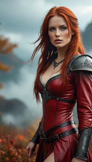 Stunning warrior princess. 30 years old. Long autumn red hair. Red leather clothing. Seductive pose, fantasy mystical setting, mist, cloud, dark, 32k super high quality, ultra realistic, <lora:454069_training_data:1.9>, <lora:Adjust_SDXL_v3.0:1>, <lora:MJ52:.8>
