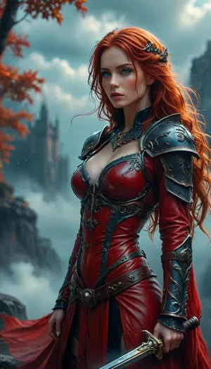 Stunning warrior princess. 30 years old. Long autumn red hair. Red leather clothing. Seductive pose, fantasy mystical setting, mist, cloud, dark, 32k super high quality, ultra realistic, hkstyle, <lora:454069_training_data:1.9>, <lora:Adjust_SDXL_v3.0:1>, <lora:MJ52:.8>, <lora:SDXLFaeTastic2400:.8>, <lora:hkstyleV5:1.4>