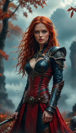 Stunning warrior princess. 30 years old. Long autumn red hair. Red leather clothing. Seductive pose, fantasy mystical setting, mist, cloud, dark, 32k super high quality, ultra realistic, hkstyle, <lora:454069_training_data:1.9>, <lora:Adjust_SDXL_v3.0:1>, <lora:MJ52:.8>, <lora:SDXLFaeTastic2400:.8>, <lora:hkstyleV5:1.4>