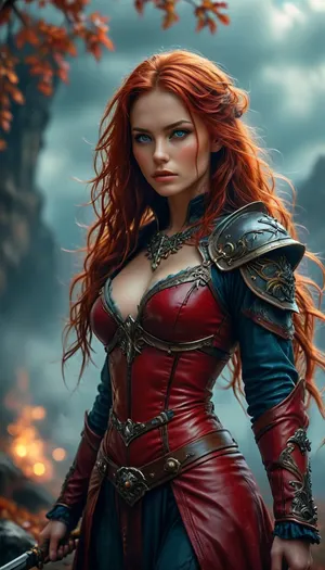 Stunning warrior princess. 30 years old. Long autumn red hair. Red leather clothing. Seductive pose, fantasy mystical setting, mist, cloud, dark, 32k super high quality, ultra realistic, hkstyle, <lora:454069_training_data:1.9>, <lora:Adjust_SDXL_v3.0:1>, <lora:MJ52:.8>, <lora:SDXLFaeTastic2400:.8>, <lora:hkstyleV5:1.4>