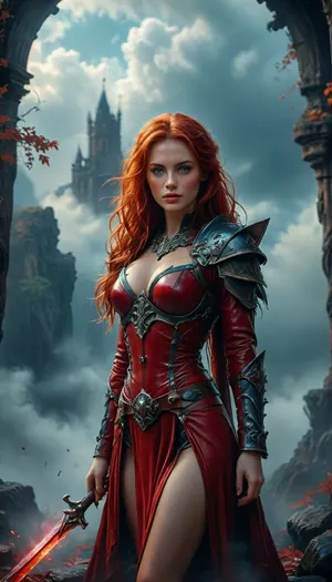 Stunning warrior princess. 30 years old. Long autumn red hair. Red leather clothing. Seductive pose, fantasy mystical setting, mist, cloud, dark, 32k super high quality, ultra realistic, hkstyle, <lora:454069_training_data:1.4>, <lora:Adjust_SDXL_v3.0:1.6>, <lora:MJ52:1.7>, <lora:SDXLFaeTastic2400:1.2>, <lora:hkstyleV5:1.6>