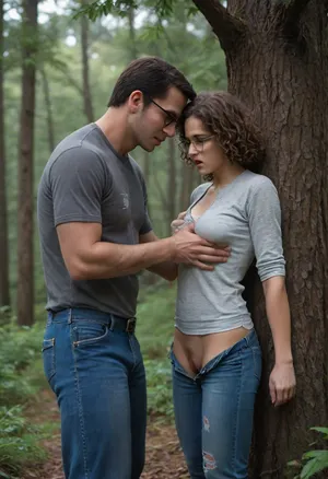 1girl, 1man, (rape scene), ((24 yo woman, light-skinned, with short brown curly hair and rectangular glasses with black rim. She has a friendly expression. She is wearing a gray patterned shirt and dark-wash blue jeans, she standing against a big tree in a forest)), (unzipped jeans), (((man violently groping vagina))), (mans finger in vagina), (pubic hair), ((very large boobs)), one breast falling out torn shirt, cleavage, ((extremely sad facial expression)), ((panicking)), (looking at man with fear+annoyance), perfect hands, perfect fingers, perfect anatomy, realistic skin, skin pores freckles moles blemishes wrinkles