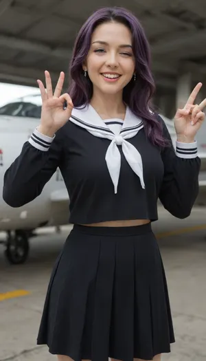masterpiece, best quality, amazing quality, youko mendou, long hair, blue eyes, purple hair, bow, hair bow, mole, mole under eye, mature female, anime screencap, skirt, serafuku, shirt, black shirt, white sailor collar, long sleeves, black skirt, neckerchief, white neckerchief, curemelody pose, solo, smile, open mouth, one eye closed, v, d, v over eye, hands up, hangar, planes, large, storage, aviation, cowboy shot, looking at viewer