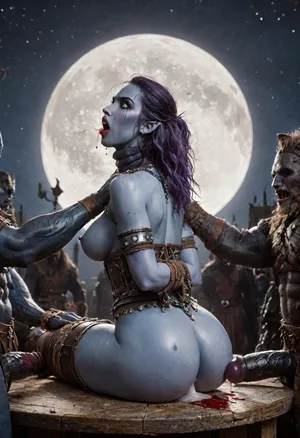 ((female drow elf barbarian, (dark night blue skin:1.82), tall, angry, busty, curvy, thin waist, big boobs, big butt, slim, fit, vitiligo, strong, fur pelt armor, dungeons and dragons, purplish blue skin, black and purple hair)), Dark, Elf, Warrior, Drow, tattooed, scarred, purple eyes, blue skin, amazon, giant, fur barbarian armor, bloody, blood spatter, bear, bear heart, (in a bloody drow temple after a battle, white full moon in the sky:1.4), (man is choking her from behind:1.4), ((hogtied, bound with large chains, tied to a torture table:1.3)), cock in mouth, (brutal face fuck), Blowjob, (tears in eyes:1.5), (running makeup), (cum drips from nose:1.3), (cum drips from mouth:1.3), ultra hd, photorealistic, hyper gigantic large black cock in mouth, (((hyper gigantic large black cock in mouth:1.3))), oral cream pie, hair grab, sad, sad crying, tongue out, gasping for air, zavy-brbrn, gangbang, double anal penetration, anal spitroast, groupsex, deepthroat, (4 gigantic African black brute thug, huge trunklike arms, huge head, hyper muscular body, dressed in slave clothes:1.2), ((hogtied, bound for sex, tied up)), (((hyper gigantic large white cock in mouth:1.3))), (pulled nipples:1.2), nipple clamps, (((spitroast))), (((hyper large cock in mouth:1.3))), screaming, shocked, deep anal penetration, Uber realistic, 8k, ultra detailed, masterpiece, arched back, detailxl, 35mm photograph, film, professional, 4k, 1girl, 5 boys, hdr, photographic, ultra realistic, ultra high details, back light, (front view), (dynamic pose), best quality, incredibly lean body, anal sex, with large muscular black men, gargantuan black cocks, anal sex expansion, large hyper muscular fat old men, (double anal sex), swollen white veiny cocks, (double anal penetration), hardcore double penetration, proper physics, big white cocks, muscular white double anal gangbang, (forceful penetrations), extremely graphic, shocked expression, beautiful hands, massive cum in ass defeating a woman in combat, fighting, killing, blood, winning fight, magazine cover, Realism_Quality_2xx_By_Stable_Yogi, score_9, score_8_up, score_7_up, (((very pretty face:1.3))), (((extremely ultra detailed face:1.3))), perfect fingers and hands, upper body view, (full body view:1.4), (extreme size difference:1.18), (ultra realistic), (maximum quality), (high resolution), (extreme detail), (ultra realism), UHD, super high quality, highly detailed, high resolution, perfect lighting, natural lighting, (dynamic angle), (random angle), (random pose), (dynamic view), (random view), volumetric lighting, golden hour lighting, dramatic shadows, rich details, nature-inspired color palette, <lora:Dark_Elf_Warrior:2>, <lora:Drow:2>, <lora:339100_training_data:2>, <lora:zavy-brbrn-sdxl:2>, <lora:LCMTurboMix_Euler_A_fix:2>