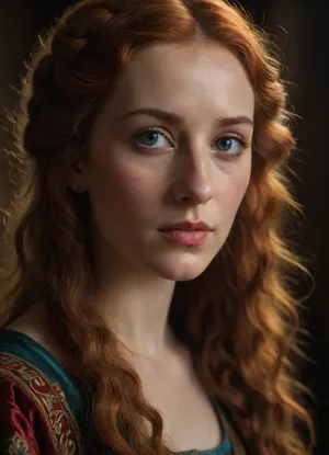 portrait of an English lady of 14th century, detailed face, detailed hair, Boticelli style