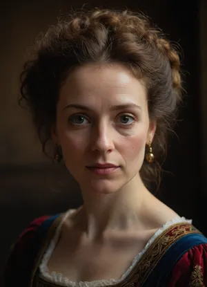 portrait of an English lady 40-years old of 14th century, detailed face, detailed hair, Rembrandt style