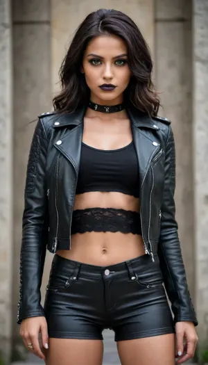 Young woman, 20-25 years, with dark, long, wavy hair, dark skin tone, displaying a fierce, seductive expression, wearing a cropped black leather jacket with studded details, a black lace-up biker-style crop top and matching shorts. Intense gaze, full lips painte a deep black, highlighted, emerald-green eyes, an dorned with a silver choker necklace. Body positioned in a suggestive, confident pose, slightly angled towards the camer. The setting features a stone wall, providing a stark contrast to her dark attire. The lighting is dramatic and directed, highlighting her features. Focus is concentated on the woman's face and upper body, the environment is secondary to the subject. The composition is carefully crafted to emphasize the woman's pose and physical attributes. The color scheme is primarily black and grey tones, creating a sultry, gothic ambiance. Texture is smooth on the skin, while the jacket and shorts showcase a leather-like material with stud details. The overall mood is dark, edgy, and seductive, evoking a sense of mystery and power. Gothic fashion style. Close-up perspective, emphasizing details.