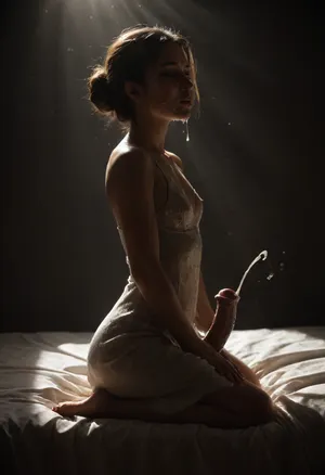 Solo, Young futa woman in dark elegant room kneeling on bed, (stroking her long stiff cum spraying equinecock:1.5), closed eyes, opened mouth, (orgasmic expression on face:1.7), cum dripping from Tip, reflecting light, elegant silky smooth dress, erected nipples visible through dress, (Rays of light:1.3), kneeling on bed, illuminated dust particles, 3D rendered picture, Side profile View, full Body view, Ultra High quality, ultra detailed, best quality, masterpiece, highres, 8k resolution, insanely detailed, perfect illumination from her front, hyperrealistic, Backlight, 8k high definition, Great Composition, drkfntasy, <lora:darkfantasystyle:1.8>, <lora:dark:.3>
