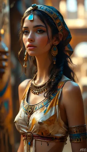 A highly detailed full body oil painting, in style of by John Berkey, a woman in an egyptian costume, egyptian art, cgsociety contest winner, fantasy art, with small breasts, with beautiful exotic, pyramid, full hd, metart, commission for, an oil on canvas painting, contest winner, figurative art, young woman with long dark, an airbrush abstract figurative art, <lora:MJ52:.6>, <lora:style_lora_realis:.6>