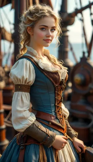Steampunk, the deck of an old sailing ship with cannon masts, ((high detail)), ((high quality)), ((ancient artillery)), ((many small details)), tools, dials, mechanisms, rivets, ropes, cables, a beautiful mechanic girl with short blond curls, repairing her curvy body. mechanism, smile, exposed breasts, short skirt, bright blue eyes, <lora:style_lora_realis:.1>, <lora:MJ52:.5>