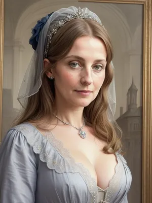 portrait of an English lady 40-years old of 14th century, detailed face, detailed hair, cleavage, Picasso style