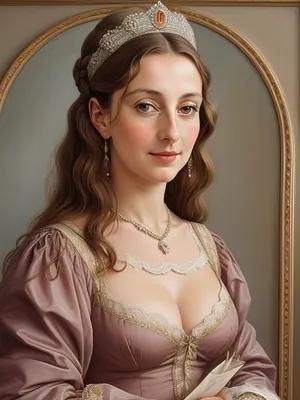portrait of an French lady 40-years old of 14th century, detailed face, detailed hair, cleavage, Dali style