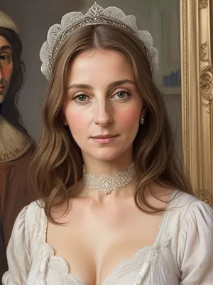portrait of an French lady 40-years old of 14th century, detailed face, detailed hair, cleavage, Picasso style