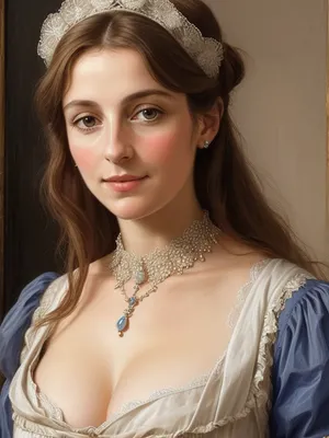 portrait of an French lady 40-years old of 14th century, detailed face, detailed hair, cleavage, Chagal style