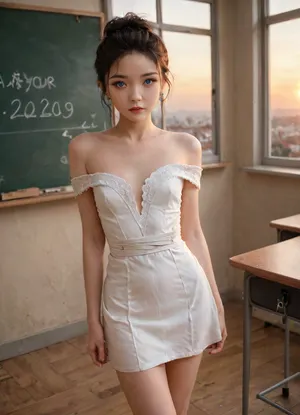 Photorealistic, ultra detailed, 19 year old Chinese woman, (petite:1.2), thin hands and legs, blue eyes, small mouth, perfect beautiful face, hair tied up, wearing white off shoulder short dress, posing for photo, classroom, sunset, yangmi, shu7, <lora:YangmiV81-000008:1>, <lora:chilloutmix_xl:1.4>, <lora:Shu7_XL_0_:1.6>, <lora:CoraXL:2>