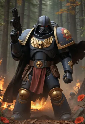Darth Vader in a painted Khokhloma style space marine's power armor, (armor is painted Khokhloma style:1.5), fighting against Wookiee in the Star Wars forest, Knight, black Khokhloma style colourful armor, black hooded cloak, holding, bolter, power, primaris, helmet, defeated Wookiees in the background, Khokhloma, <lora:primaris_marine-knight_armor-000007:.8>, <lora:tbh230-sdxl:.8>