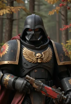 Darth Vader in a painted Khokhloma style space marine's power armor, (armor is painted Khokhloma style:1.5), fighting against Wookiee in the Star Wars forest, Knight, black Khokhloma style colourful armor, black hooded cloak, holding, bolter, power, primaris, helmet, defeated Wookiees in the background, <lora:primaris_marine-knight_armor-000007:.8>, <lora:tbh230-sdxl:.8>