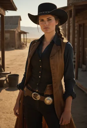 Beautiful female gunslinger of the Old West, tall and lean with a rugged but graceful presence. Sun-kissed skin, sharp piercing eyes under the brim of a wide cowboy hat, long windswept hair tied back. Wearing authentic 1800s gunslinger attire, weathered leather duster coat, vest, button-up shirt, gun belt with holstered revolvers, spurred boots, and a bandana around her neck. Standing in a dusty frontier town street at high noon, tumbleweeds rolling by, saloon and sheriff’s office in the background. Holding one hand near her revolver, poised for a duel. Ultra-realistic Western art, highly detailed, cinematic golden sunlight, gritty and dramatic atmosphere.