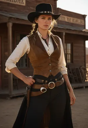 Beautiful female gunslinger of the Old West, tall and lean with a rugged but graceful presence. Sun-kissed skin, sharp piercing eyes under the brim of a wide cowboy hat, long windswept hair tied back. Wearing authentic 1800s gunslinger attire, weathered leather duster coat, vest, button-up shirt, gun belt with holstered revolvers, spurred boots, and a bandana around her neck. Standing in a dusty frontier town street at high noon, tumbleweeds rolling by, saloon and sheriff’s office in the background. Holding one hand near her revolver, poised for a duel. Ultra-realistic Western art, highly detailed, cinematic golden sunlight, gritty and dramatic atmosphere.