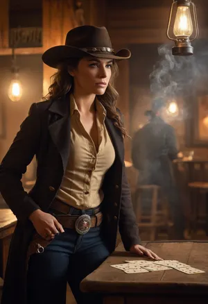 Beautiful female gunslinger of the Old West, rugged yet elegant, with piercing eyes and a confident smirk. Wearing her cowboy hat tilted low, long coat open to reveal a leather vest, and gun belt with revolver at her side. Leaning casually against the polished wooden bar of a smoky frontier saloon, whiskey glass in one hand. Warm golden lamplight, card tables and piano in the background, cowboys and gamblers glancing her way. Sawdust on the floor, haze of cigar smoke in the air. Ultra-realistic Western art, highly detailed, cinematic moody lighting, tense but charismatic atmosphere.