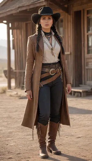 Beautiful Native American female gunslinger of the Old West, strong and graceful with a proud stance. Sun-kissed skin, long black braided hair, piercing dark eyes filled with determination. Wearing a mix of frontier and Native attire, weathered leather duster coat over traditional beaded tunic, gun belt with revolvers at her side, cowboy hat with feather tucked into the band, and sturdy riding boots. Standing in a dusty frontier town street at dawn, poised for a duel, saloon and wooden buildings in the background, desert mountains on the horizon. Ultra-realistic Western art, highly detailed, cinematic golden sunlight, atmosphere of grit, pride, and strength.