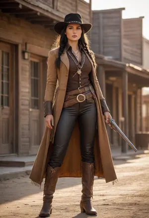 Beautiful Native American female gunslinger of the Old West, strong and graceful with a proud stance. Sun-kissed skin, long black braided hair, piercing dark eyes filled with determination. Wearing a mix of frontier and Native attire, weathered leather duster coat over traditional beaded tunic, gun belt with revolvers at her side, cowboy hat with feather tucked into the band, and sturdy riding boots. Standing in a dusty frontier town street at dawn, poised for a duel, saloon and wooden buildings in the background, desert mountains on the horizon. Ultra-realistic Western art, highly detailed, cinematic golden sunlight, atmosphere of grit, pride, and strength.