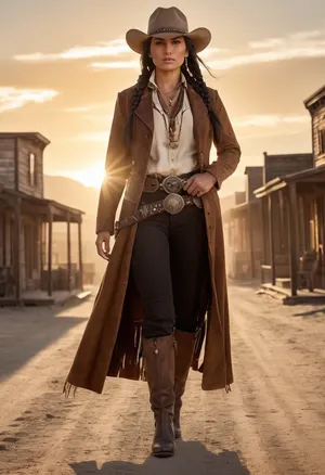Beautiful Native American female gunslinger of the Old West, strong and graceful with a proud stance. Sun-kissed skin, long black braided hair, piercing dark eyes filled with determination. Wearing a mix of frontier and Native attire, weathered leather duster coat over traditional beaded tunic, gun belt with revolvers at her side, cowboy hat with feather tucked into the band, and sturdy riding boots. Standing in a dusty frontier town street at dawn, poised for a duel, saloon and wooden buildings in the background, desert mountains on the horizon. Ultra-realistic Western art, highly detailed, cinematic golden sunlight, atmosphere of grit, pride, and strength.
