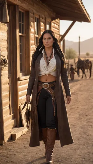 Beautiful Native American female gunslinger of the Old West, strong and graceful with a proud stance. Sun-kissed skin, long black braided hair, piercing dark eyes filled with determination, largebimbo breasts. Wearing a mix of frontier and Native attire, weathered leather duster coat over traditional beaded tunic, gun belt with revolvers at her side, cowboy hat with feather tucked into the band, no shirt. Standing in a dusty frontier town street at dawn, poised for a duel, saloon and wooden buildings in the background, desert mountains on the horizon. Ultra-realistic Western art, highly detailed, cinematic golden sunlight, atmosphere of grit, pride, and strength.