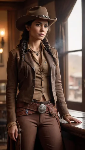 Beautiful Native American female gunslinger of the Old West, proud and striking with a commanding presence. Strong athletic build, sun-kissed skin, long black braided hair adorned with subtle beadwork, sharp dark eyes with a confident smirk. Wearing a long weathered leather duster coat over a beaded tunic, gun belt with revolver at her hip, cowboy hat tilted low with a feather tucked in the band. Leaning casually against the polished wooden bar of a smoky frontier saloon, whiskey glass in hand. Warm lamplight and haze of cigar smoke fill the room, piano in the background, patrons casting wary glances her way. Ultra-realistic Western art, highly detailed, cinematic moody lighting, tense yet charismatic atmosphere.