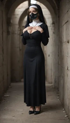 1girl, (solo_focus), solo_female, military_black_outfit, black_hair, (hand_on_own_chest), (evil_smile), (wide_shot), black_shoes, military_female, abandoned_location, military_nun, (military), gas_mask, soldier, big breasts, high heels, full body view