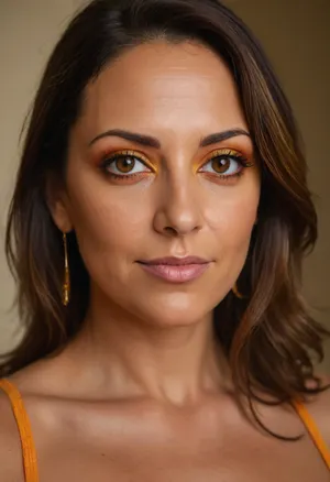 Italian sexy mature, 45 years old, brunette hair with gray streaks, medium hair, heavy make up, hoop earrings, tan skin, sexy naught shy smile flirt face, curvy wide body, small very natural saggy tits, face focus selfie, looking at the camera, face and eyes focus, Intense gaze, intense seductive eye contact with the viewer, (striking bright Amber eyes:1.5), <lora:698348_training_data:.8>
