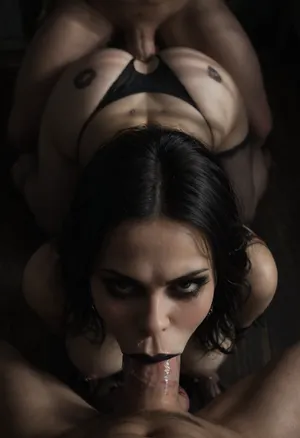 Home, indoors, bedroom, black room, goth-styled room, woman, (long black hair:1.3), extremely beautiful, (goth:1.8), (black lipstick:1.4), (goth makeup:1.3), nipples, (nipples piercing:1.3), on floor, doggy pose, on all fourth, ass behind, eye contact, black panties, kiss marks, kiss marks on abs, black kiss marks all over penis, (lipstick marks around penis:1.4), sucking cock, man's pov, man getting blowjob from woman, (another man fucking her in ass:1.9), anal sex, close up, drooling blowjob, (deepthroat:1.7), smooth cock, (cock covered in saliva:1.8), (drooling:1.7), oval face shape, (hand on the back of the head:1.4), pushing head harded on cock, sunlight_str1, <lora:sunlight_str1-SDXL_v1-dim64-steps1691:2>, <lora:dark:.1>