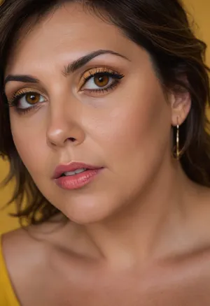 45° sideview, 8 feet away, medium shot, Chubby sexy mature milf, 45 years old, (brunette hair with gray streaks:1.3), messy hair, medium hair, hoop earrings, tan skin, sexy naughty sexy smile flirt face, bowed-lips, lips parted, perfect teeth, plump lips, big lips, juicy lips, full lips, lipstick, no makeup, natural, curvy wide body, small natural saggy tits, face and breasts focus, looking at the camera, breasts and eyes focus, Intense gaze, intense seductive eye contact with the viewer, (striking bright Amber eyes:1.5), sexy orgasm facial expression