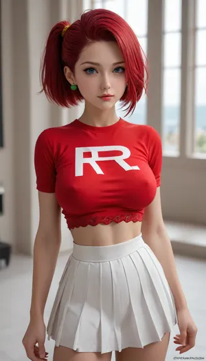 Super slutty Jessie from Pokémon team rocket, high side ponytail, red hair, sexy and tight body, big round breasts, thick ass, small waist, low cut team rocket shirt with red lace bra, white pleated micro skirt, red lace G string, teasing her body