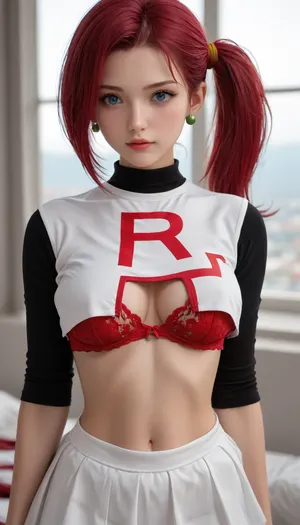 Super slutty Jessie from Pokémon team rocket, high side ponytail, red hair, sexy and tight body, big round breasts, thick ass, small waist, low cut team rocket shirt with red lace bra, white pleated micro skirt, red lace G string, teasing her body