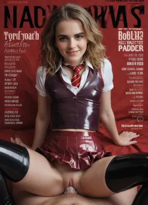 (Magazine cover "Pleasure":1.3), high POV, flat chested, (detailed Hermione Granger face), 18 year old adult girl, posing, pleased smirk expression, (detail wearing a plain tight red shiny latex Hogwarts Gryffindor school uniform, pleated violet latex mini skirt, black latex stockings), beautiful realistic pussy, (tight blouse:1.4), (tits fully under clothes:1.6), ((erect big nipples under clothes:1.5)), (covered with thick cum:1.6), <lora:facialized:1.2>