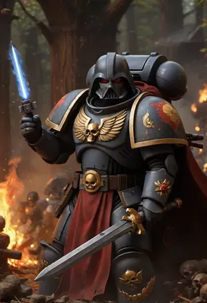 Darth Vader in a black space marine's power armor on the battlefield, (armor is painted in the Khokhloma style:1.5), fighting against Wookiee in the Star Wars forest, Knight, black colourful armor, black hooded cloak, holding, bolter, power, primaris, helmet, defeated Wookiees in the background, Khokhloma, <lora:primaris_marine-knight_armor-000007:.8>, <lora:tbh230-sdxl:.8>