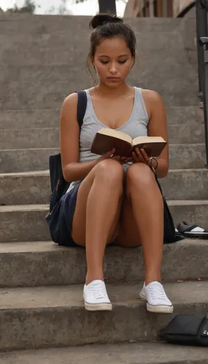 accidental pussy flash, (((looking away:2))), she is reading her book, 24 year old slender very very dark skinned cambodian girl sitting on steps in front of library wearing dress with no panties. she is wearing sneakers, Her pussy is shaved., (looking away), There is a book bag on the steps next to her., upskirt, vagina, out, rear, shot, front, <lora:upskirt:.1>