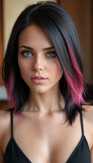 an, (extremely hot and sexy:1.7), 35yo woman. average-height stature and build would best be described as toned. fair skin and blue eyes, and, ((very long:1.5), black hair with pink highlights:1.5), (in a face-framing haircut:1.5), . wearing a loose thin black tanktop, tight jeanshorts, and brown sandals. accessoiries. style is boho., great, lighting, <lora:detailed_notrigger:1.5>, <lora:great_lighting:1.5>