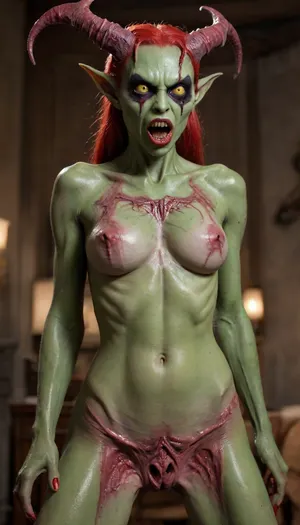 female girl seductive, sweaty nude sexy, vascular, fit, goth, (anorexic:1.3), veiny, (detailed bulging vein texture:1.3), (demon eyes), intense claws, intense green alien pussy, drooling, (anthro succubus girl:1.4), fangs, fx-monsters-xl-meatsack, creature, monster, <lora:fx-monsters-xl-meatsack:2>