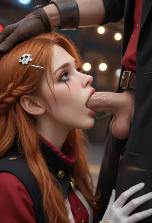 1 girl Esmeraldas, Captain Harlock, Albator, 30 years old, lavender eyes, looking up, very long ginger hair, skull on hair clip, scar on left cheek, red top, black cloak, white gloves, hands on crotch, sucking penis balls deep, head pulled aggressively, forced fellatio, man has black clothes with jolly roger printed, (saliva flowing), ruined makeup, mascara leaking, side view, in pirate spaceship, helm, control panels, radar screening, colorful blinking lights, esmeralda, woman, <lora:esmeralda woman 1a:.8>, P1r4t3LuxStyle, <lora:P1r4t3LuxStyleSDXL:.8>, <lora:detailed_notrigger:.8>, Sandy_Estrella