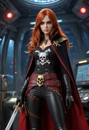 1 girl Esmeraldas, Captain Harlock, Albator, 20 years old, lavender eyes, very long ginger hair, skull hair clip, scar on left cheek, red top, (jolly roger printed on top), double belts on waist, black cloak, red-lined cape, white gloves, tight black trousers, thigh gap, long black boots, long sword in hand, in pirate spaceship, helm, control panels, radar screening, colorful blinking lights, esmeralda, woman, <lora:esmeralda woman 1a:.8>, P1r4t3LuxStyle, <lora:P1r4t3LuxStyleSDXL:.8>, <lora:detailed_notrigger:.8>