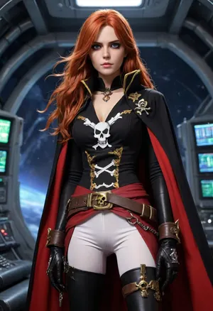 1 girl Esmeraldas, Captain Harlock, Albator, 20 years old, lavender eyes, very long ginger hair, skull hair clip, scar on left cheek, red top, (jolly roger printed on top), double belts on waist, black cloak, red-lined cape, white gloves, tight black trousers, thigh gap, long black boots, long sword in hand, in pirate spaceship, helm, control panels, radar screening, colorful blinking lights, esmeralda, woman, <lora:esmeralda woman 1a:.8>, P1r4t3LuxStyle, <lora:P1r4t3LuxStyleSDXL:.8>, <lora:detailed_notrigger:.8>