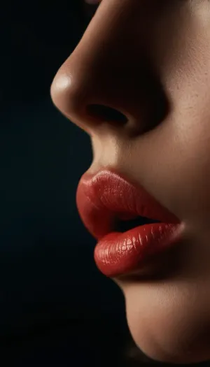 ziprealism, (full lips, soft pillowy lips, sensual lips, moist lips, sensual expression:1.6), (avant-garde experimental photography, ethereal lighting), (sharp focus on lips, extreme closeup), (sharp contrasting silhouette, profile, Dutch Angl:1.2), (intense natural backlight, light bloom, shallow depth of field, soft bokeh, layered composition with subtle foreground)