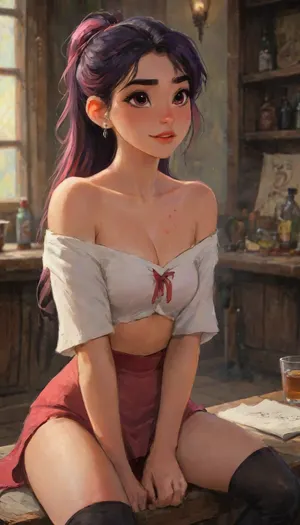 masterpiece, best quality, gllood quality, year 2025, anime character, demon femboy, black hair with pink streak, ((pink streaked hair)), (high ponytail, long hair), purple eyes, Enchanting Eyes, side bangs, stud earring, perfect figure, solo, 1boy, otoko no ko, red skin, general, tavern bar, sidelighting, clear outlines, open mouth, open eyes, smile, d, laughing, long hair, pretty, small pointy ears, blush, sidelocks, fantasy tribal clothing, tribal tattoos, tight clothes, medieval Peasant Blouse A loose off-the-shoulder, Bodice fitted tightly, sometimes over a blouse. Designed to accentuate the waist and bust, but still allow movement, Skirt, Boots, tavern girl clothing, bulge.

best quality, 8k, insane details, intricate details, hyperdetailed, hyper quality, high detail, ultra detailed, professional, HDR, ray tracing reflection, cinematic lighting, highlydetailedbody, realisticface, highlydetailedhair, insanelydetailed, 8K.highdetailedskin, highresolution, perfectfingers, (j_cartoon:1.5), drawing, supermodel, face, big, lips, <lora:EnvyInfernalXL01:1>, <lora:SDXLHighDetail_v6-000005:.8>, <lora:samdoesarts1.1-000030:.4>, <lora:J_cartoon:.3>, <lora:Animated_Concept:.4>